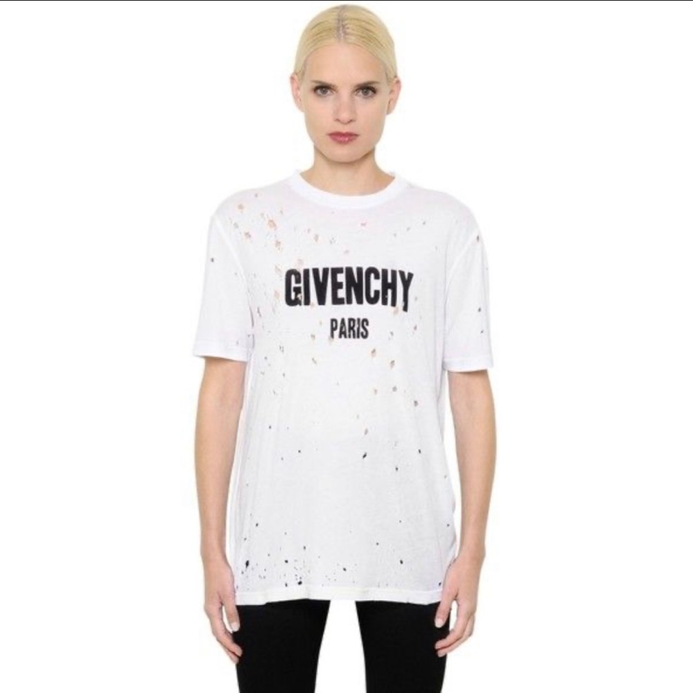 Givenchy White Logo Printed Destroyed Jersey Shirt